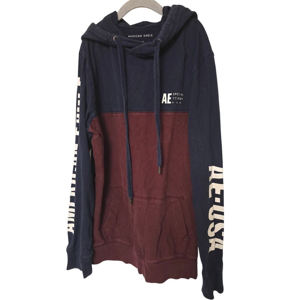 American Eagle Mens XS Colorblock Hoodie Navy Burgundy Sleeve Pullover